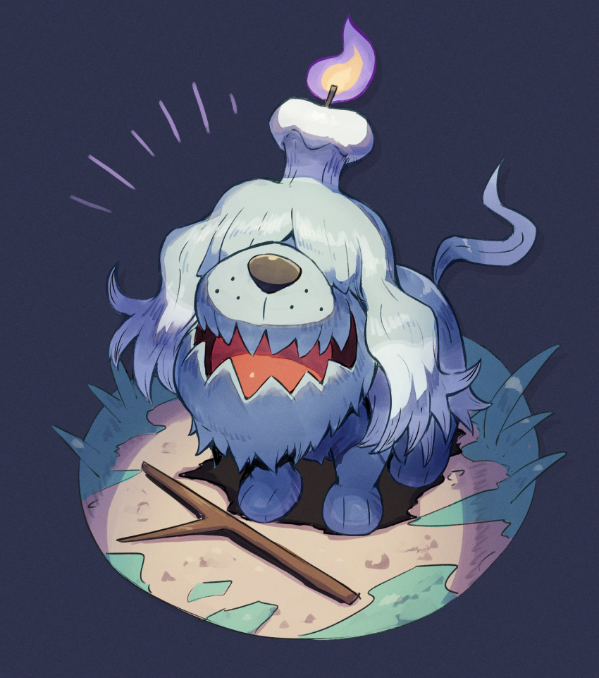 animal_focus animal_nose black_background candle commentary_request dog fangs greavard highres kuroi_susumu looking_at_viewer no_humans open_mouth pokemon pokemon_(creature) simple_background snout tail