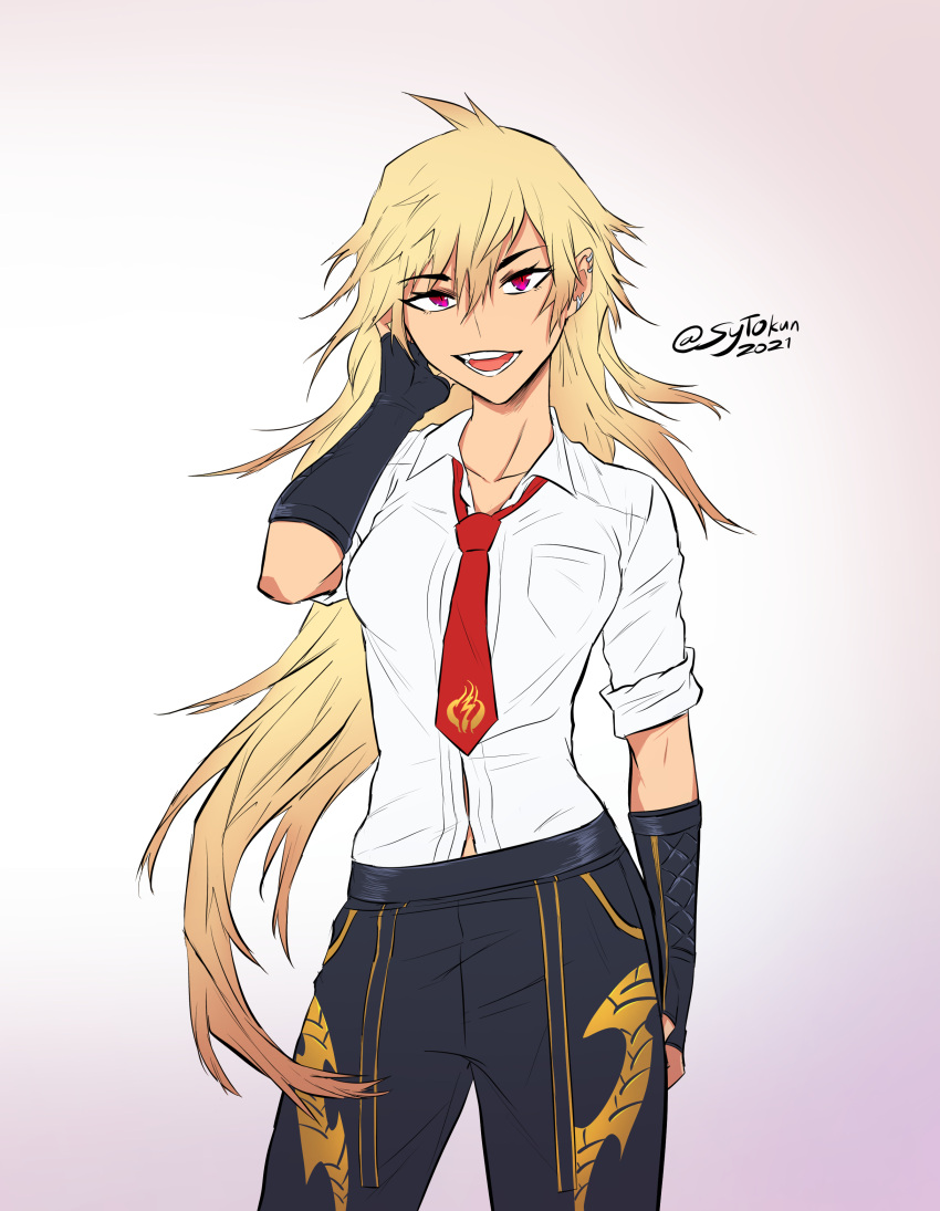 1girl absurdres alternate_costume black_gloves black_pants blonde_hair dress_shirt fingerless_gloves gloves gold_trim hand_in_own_hair highres long_hair loose_necktie necktie open_mouth pants popped_collar red_eyes red_tie rwby shirt signature simple_background sleeves_rolled_up smirk solo sytokun uniform white_background white_shirt yang_xiao_long