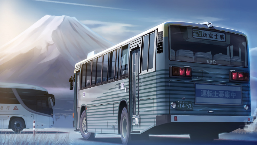 absurdres blue_sky bus clouds commentary_request ground_vehicle highres license_plate motor_vehicle mountain no_humans original outdoors png_pant_(bus) scenery shadow sky snow tail_lights translation_request vehicle_focus winter