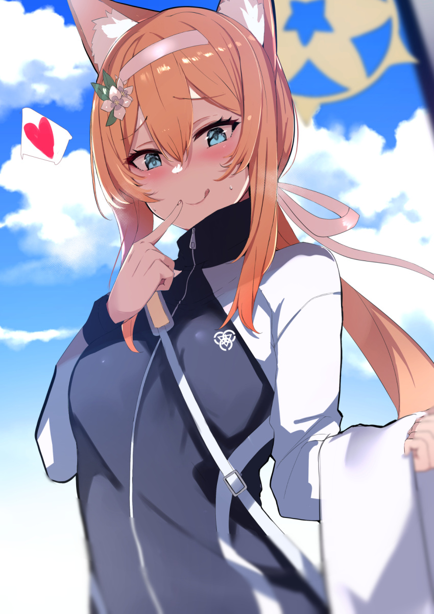 1girl :q animal_ear_fluff animal_ears aqua_eyes blue_archive blue_sky blush clouds commentary_request day flower hair_between_eyes hair_flower hair_ornament hairband halo heart highres holding holding_towel jacket long_hair long_sleeves looking_at_viewer mari_(blue_archive) mari_(gym_uniform)_(blue_archive) muoto official_alternate_costume orange_hair sky smile solo spoken_heart tongue tongue_out towel track_jacket white_hairband