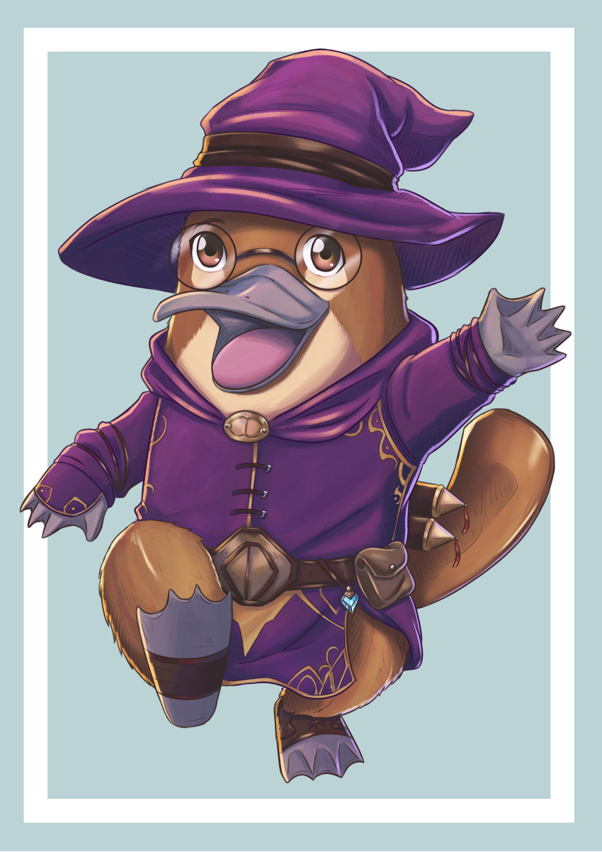 absurdres animal borrowed_character brown_eyes commission commissioner_upload furry glasses godaijin hat highres magic non-web_source original peppy_the_platypus_(apeppyplatypus) platypus smile tail walking waving webbed_feet webbed_hands wizard wizard_hat