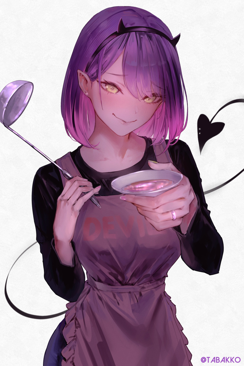 1girl absurdres apron commentary demon_girl demon_tail earrings highres holding holding_ladle hololive hyde_(tabakko) jewelry ladle looking_at_viewer nail_polish piercing plate pointy_ears purple_hair ring short_hair simple_background smile solo tail tail_ornament tail_piercing tasting_plate tokoyami_towa twitter_username virtual_youtuber wedding_ring white_background yellow_eyes