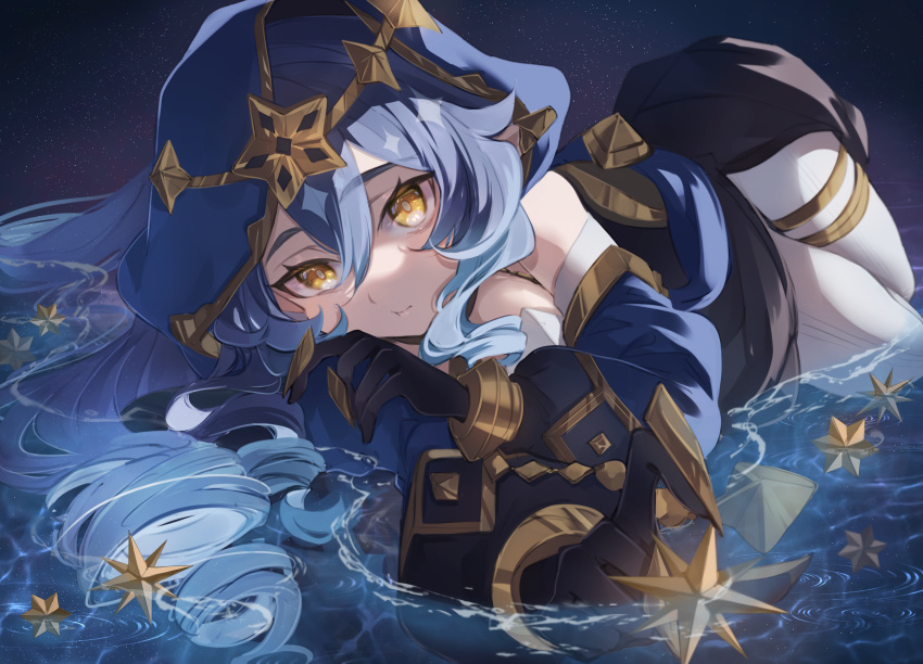 1girl :t bangs bare_shoulders black_gloves blue_hair blue_hood blue_sleeves bright_pupils claw_ring closed_mouth detached_sleeves genshin_impact gloves gold_trim hair_between_eyes highres hood hood_up layla_(genshin_impact) looking_at_viewer lying lying_on_water naruka_(ynarukay) on_side pants pointy_ears ripples solo star_(symbol) starry_background thighlet thighs water white_pants white_pupils yellow_eyes
