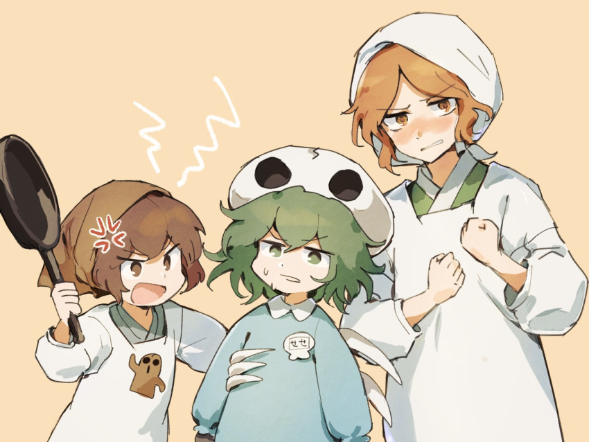 3others androgynous anger_vein angry apron bandana blue_shirt blush brown_bandana brown_eyes brown_hair green_eyes green_hair hands_up haniwa_(statue) hemo_(hemoroda) kappougi katano_sukune kindergarten_uniform kitsugai_sese len'en long_sleeves multiple_others name_tag open_mouth orange_background orange_eyes orange_hair shirt short_hair simple_background skull_on_head sweat white_bandana zuifeng_tenkai