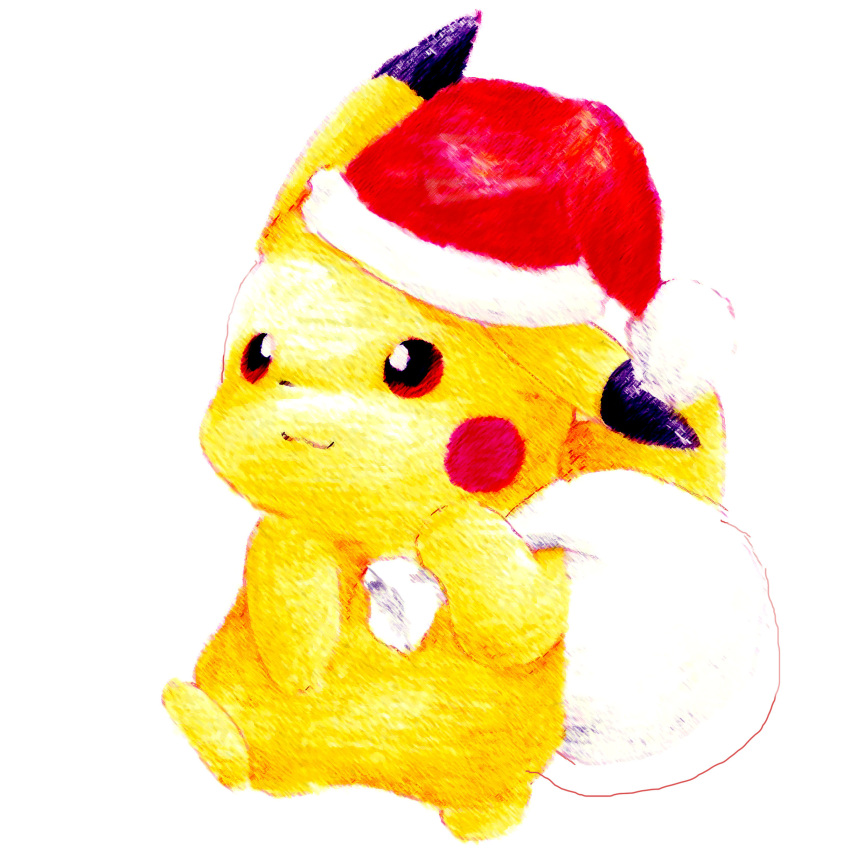 :3 absurdres animal_focus blush_stickers christmas closed_mouth clothed_pokemon commentary_request derigoo full_body fur-trimmed_headwear hand_up happy hat highres holding holding_sack leg_up no_humans pikachu pokemon pokemon_(creature) pom_pom_(clothes) red_eyes red_headwear sack santa_hat simple_background smile solo standing standing_on_one_leg walking white_background