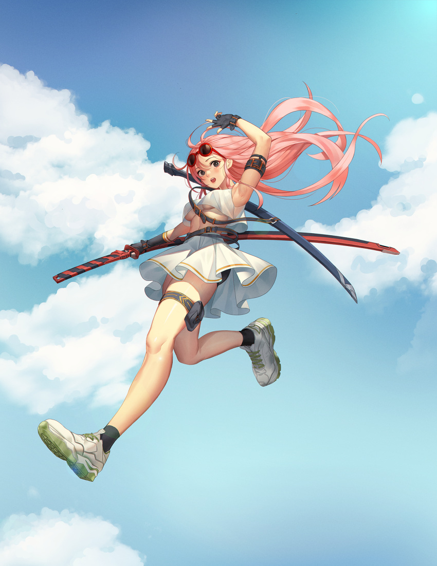 1girl :o arm_strap arm_up armpits belt black_gloves black_socks blue_sky breasts carrying_over_shoulder clouds colored_shoe_soles commentary cropped_shirt dpin_(user_adhr8855) english_commentary eyelashes eyewear_on_head fingerless_gloves full_body gloves green_footwear hand_up highres holding holding_sword holding_weapon jumping katana long_hair looking_at_viewer midriff original pink_hair red-framed_eyewear shirt shoes skirt sky sleeveless sleeveless_shirt sneakers socks solo sword thigh_pouch thigh_strap under_boob weapon white_footwear white_shirt white_skirt