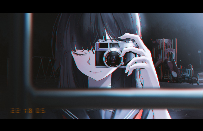 1girl absurdres bangs black_hair blue_sailor_collar camera chromatic_aberration closed_eyes closed_mouth commentary hand_up highres holding holding_camera letterboxed long_hair noubin original photo_date_watermark playground sailor_collar solo