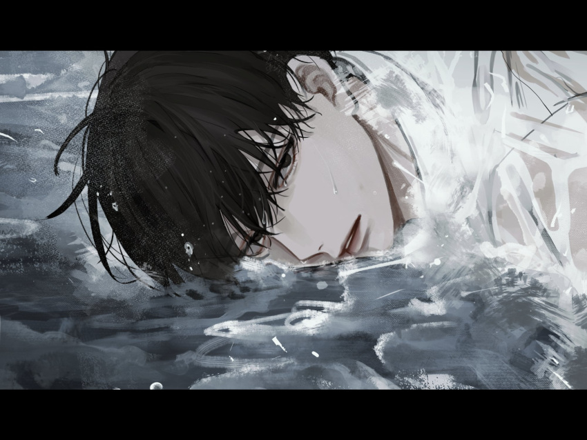 1boy black_hair gin_(euneunun) highres kim_dokja korean_commentary looking_at_viewer male_focus omniscient_reader's_viewpoint parted_lips portrait shirt short_hair solo splashing water wet wet_clothes white_shirt