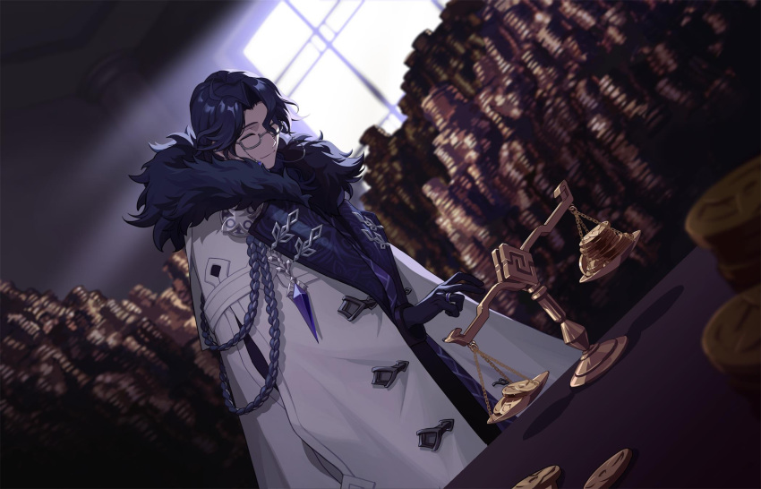1boy bishounen black_gloves black_hair closed_eyes closed_mouth coin cowboy_shot dutch_angle fridaynightcat genshin_impact glasses gloves gold gold_coin highres indoors jewelry male_focus money pantalone_(genshin_impact) ring short_hair solo weighing_scale window winter_clothes