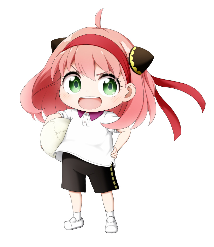 1girl :d ahoge anya_(spy_x_family) bangs black_shorts carrying carrying_under_arm collared_shirt dodgeball green_eyes gym_shirt gym_shorts gym_uniform hair_between_eyes hand_on_hip headband highres kuena loafers long_hair looking_at_viewer pink_hair red_headband shirt shoes short_sleeves shorts simple_background smile socks solo spy_x_family standing v-shaped_eyebrows white_background white_footwear white_shirt white_socks