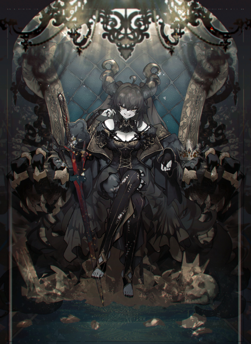 1girl bare_shoulders black_dress crown dark_room dress fingernails full_body highres horns jewelry long_dress long_hair long_horns naughty_face original pale_skin ring sharp_fingernails sharp_toenails shiba_(s_hi_ba_) sitting smile sword throne throne_room toenails twintails weapon yellow_eyes