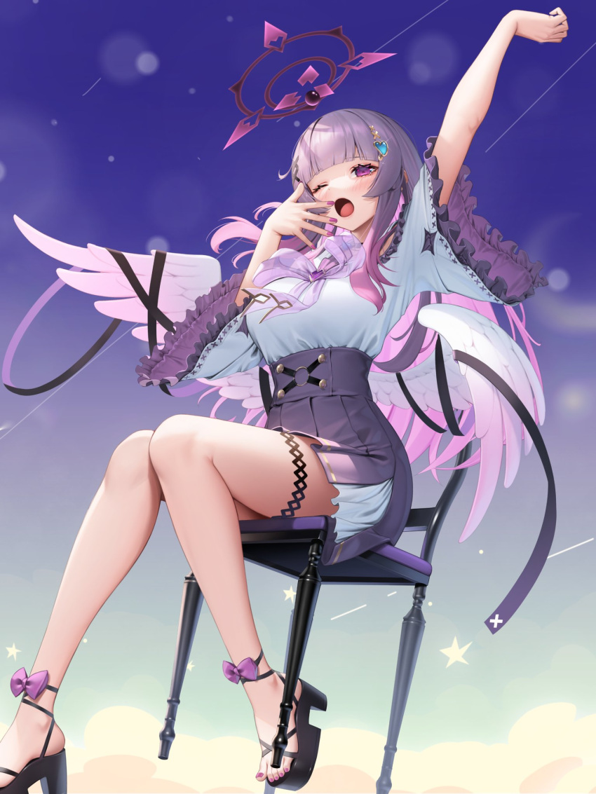 1girl angel_wings arm_up bangs black_ribbon blunt_bangs blush bow breasts chair colored_inner_hair commentary_request eyelashes feathered_wings feet floating frilled_shirt frilled_sleeves frills full_body gradient gradient_background gradient_hair hair_ornament halo hand_up highres indie_virtual_youtuber knees_together_feet_apart legs long_hair medium_breasts multicolored_hair nail_polish neck_ribbon one_eye_closed open_mouth pink_hair pleated_skirt purple_bow purple_hair purple_nails purple_skirt ribbon sandals second-party_source shiny shiny_hair shirt shiu_alia sitting skirt solo star_(symbol) strappy_heels suraimu_(suraimuraimu) thigh_strap thighs toenail_polish toenails toes violet_eyes virtual_youtuber white_shirt wide_sleeves wings yawning