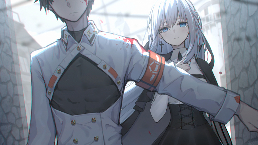 1boy 1girl armband artist_request black_cape black_hair black_skirt blood blood_on_clothes blood_on_face blue_eyes bodysuit cape cleavage_cutout clothing_cutout coat couple covered_abs crying crying_with_eyes_open dreizehn_(soul_tide) evoker_(soul_tide) game_cg hand_on_own_chest highres long_hair long_sleeves mechanical_arms official_art outstretched_arm protecting sad shirt single_mechanical_arm skin_tight skirt soul_tide tearing_up tears white_coat white_hair white_shirt
