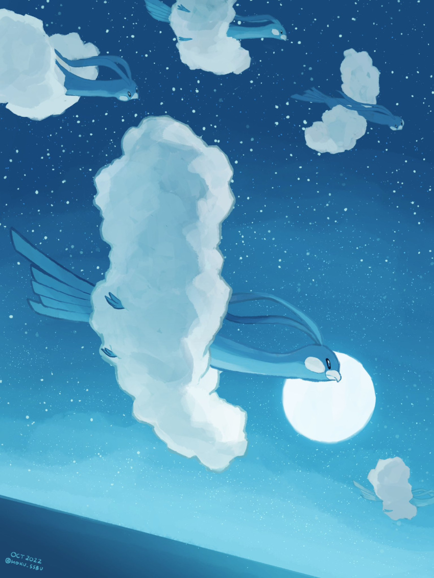 altaria bird black_eyes closed_mouth commentary dated fluffy flying highres mokuzou_(moku_ssbu) night no_humans ocean outdoors pokemon pokemon_(creature) sky star_(sky) twitter_username