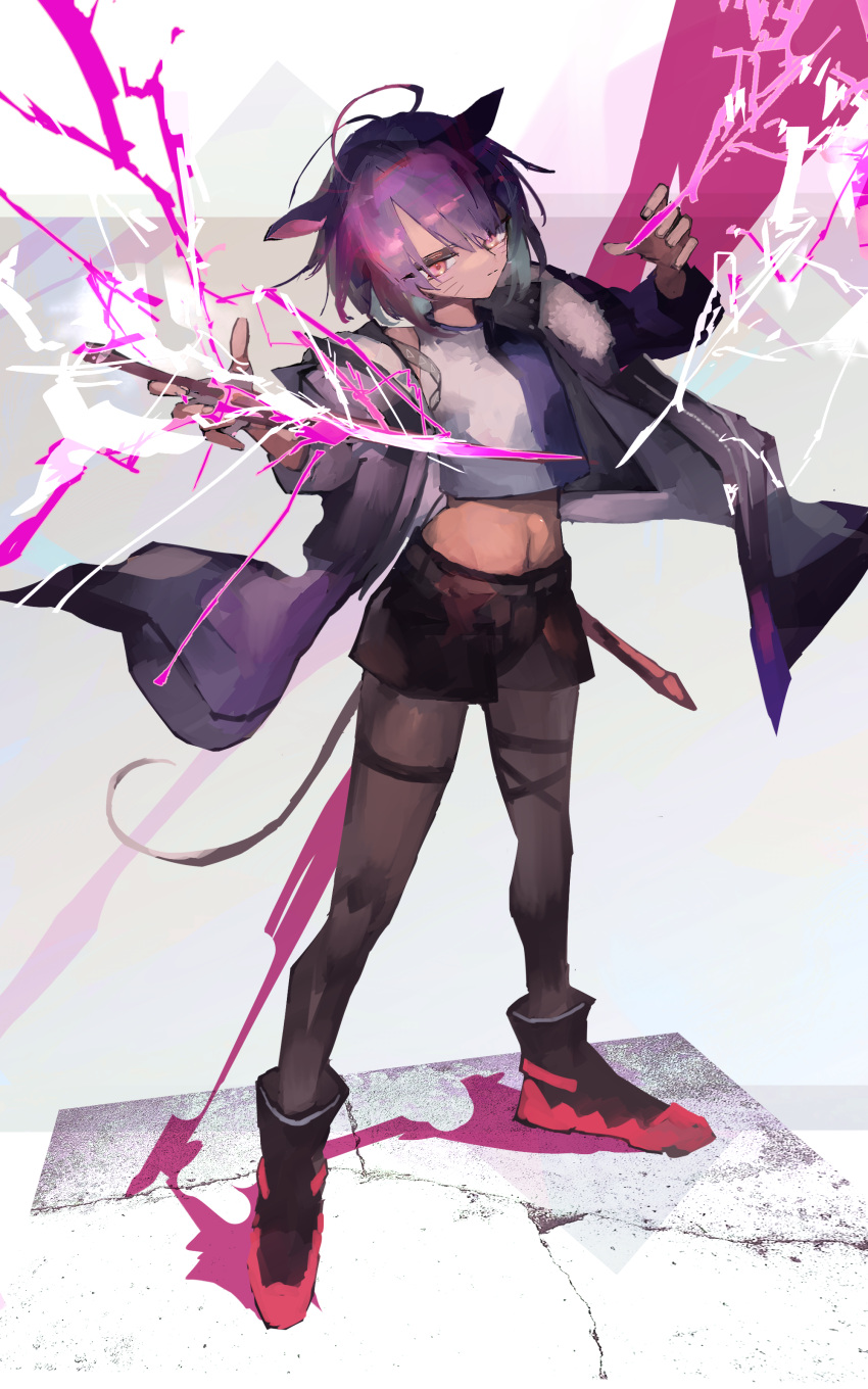 1girl 2022 absurdres animal_ears bangs black_shorts cat_ears cat_girl cat_tail closed_mouth dagger full_body highres holding holding_dagger holding_weapon jacket kensei_(v2) knife magic open_clothes open_jacket original pantyhose purple_hair shirt shoes shorts solo standing tail weapon whiskers white_shirt