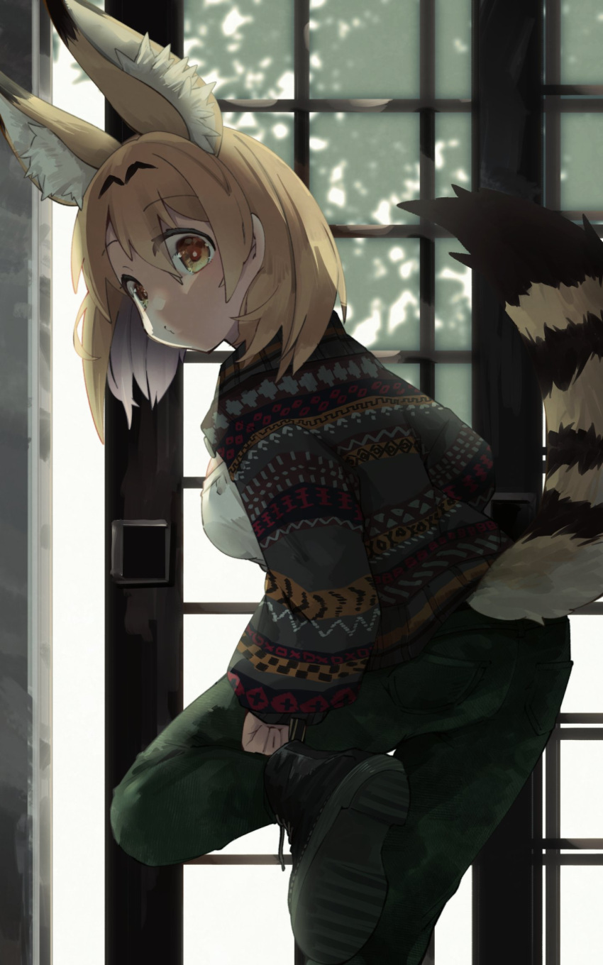 1girl alternate_costume animal_ears blonde_hair boots brown_footwear casual cat_ears cat_girl cat_tail commentary_request cowboy_shot extra_ears green_pants highres kemono_friends long_sleeves looking_back multicolored_hair nanana_(nanana_iz) pants serval_(kemono_friends) shirt short_hair solo standing standing_on_one_leg sweater tail white_hair white_shirt yellow_eyes