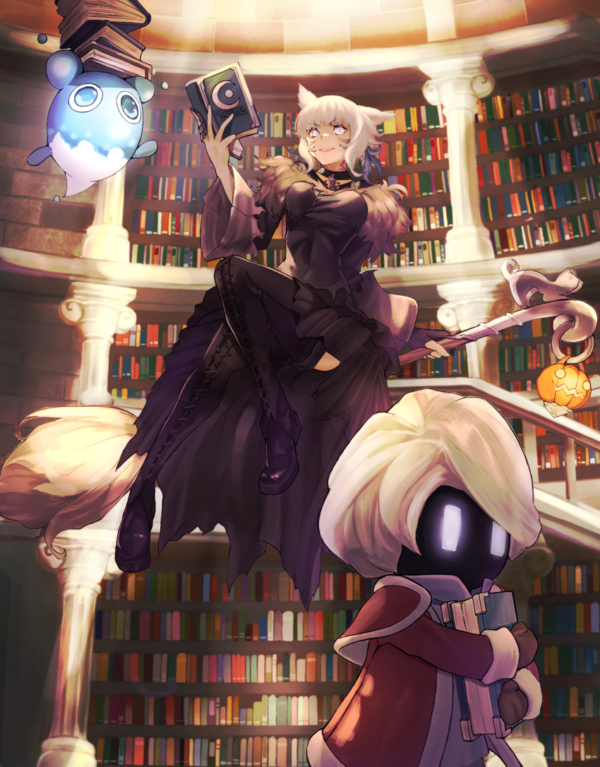 1girl animal_ears bangs black_dress blonde_hair book bookshelf boots broom broom_riding cat_ears coat cross-laced_footwear dress facial_mark final_fantasy final_fantasy_xiv fisheye floating genshu_doki glowing glowing_eyes grey_hair hand_up highres holding holding_book indoors lace-up_boots library long_sleeves looking_at_viewer miqo'te open_book open_mouth short_hair smile thigh_boots whisker_markings white_eyes y'shtola_rhul