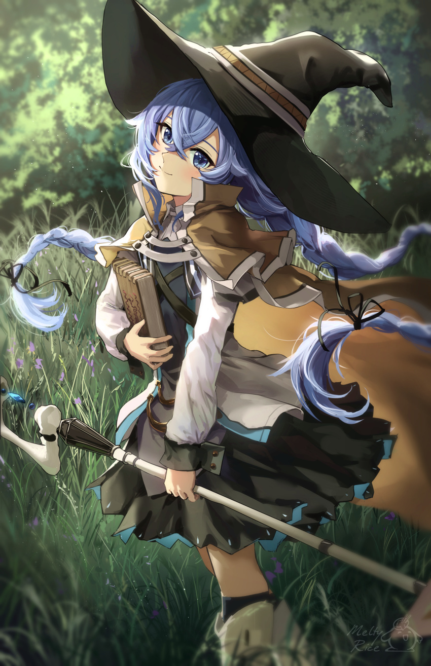 1girl bangs black_headwear blue_eyes blue_hair boots braid brown_capelet capelet crossed_bangs day dress grass hair_between_eyes hat highres holding holding_staff knee_boots long_braid long_hair looking_at_viewer meltyrice mushoku_tensei outdoors roxy_migurdia solo staff standing tree twin_braids witch_hat
