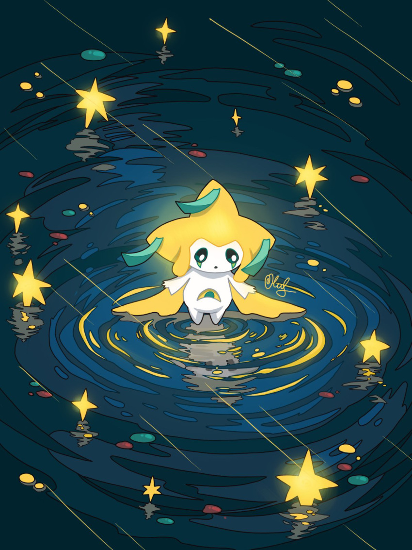 aranata bright_pupils commentary_request full_body green_eyes highres jirachi looking_down no_humans pokemon pokemon_(creature) ripples signature solo star_(symbol) water white_pupils