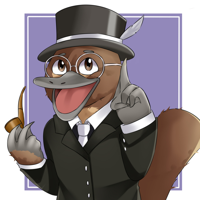 absurdres animal borrowed_character brown_eyes cape commission commissioner_upload dafflif formal furry glasses hat highres holding holding_smoking_pipe magic non-web_source original peppy_the_platypus_(apeppyplatypus) platypus pointing smile smoking_pipe suit tail top_hat webbed_feet webbed_hands