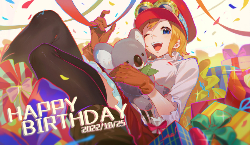 1girl animal black_thighhighs blue_eyes brown_gloves confetti dated gift gloves goggles goggles_on_headwear happy_birthday hat highres koala koala_(one_piece) looking_at_viewer one_eye_closed one_piece open_mouth orange_hair qin_(7833198) red_hat red_headwear short_hair skirt thigh-highs upper_teeth