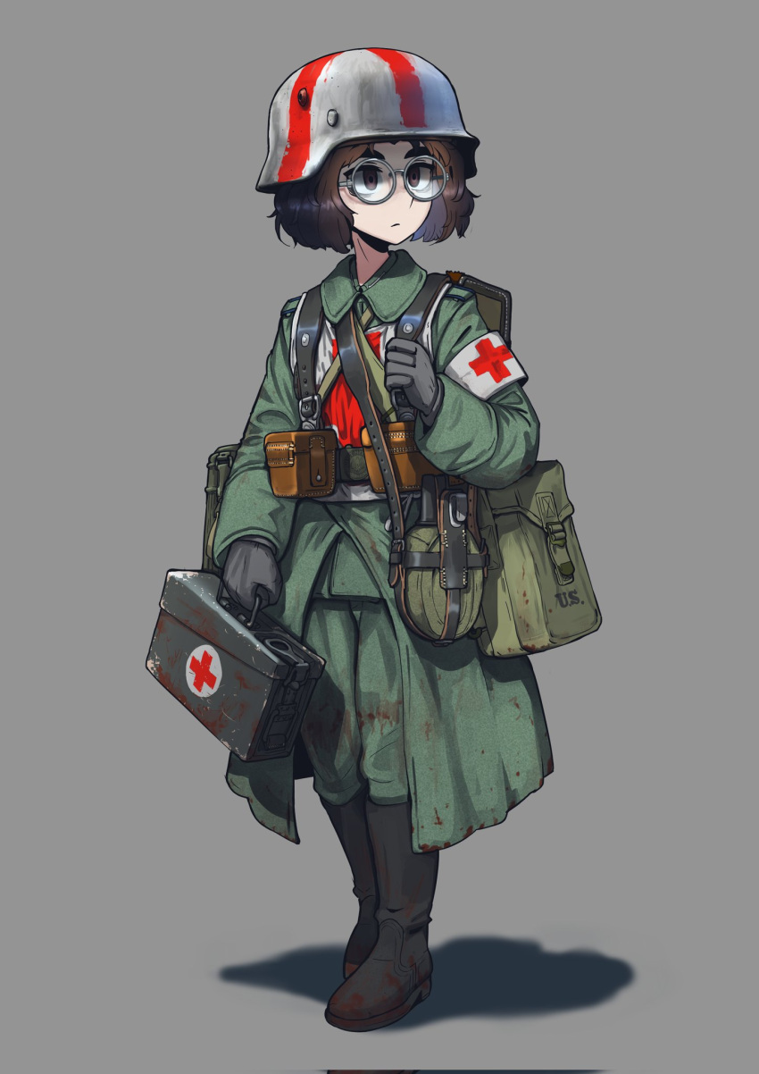 1girl armband boots brown_hair canteen commission cross erica_(naze1940) first_aid_kit glasses gloves helmet highres medic military military_helmet military_uniform original pouch red_cross shadow soldier solo stahlhelm uniform