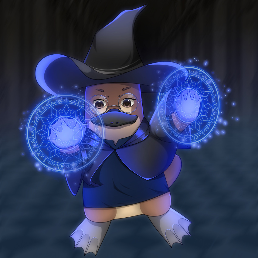absurdres animal borrowed_character brown_eyes commission commissioner_upload furry gemoystudio glasses hat highres magic non-web_source original peppy_the_platypus_(apeppyplatypus) platypus spell tail webbed_feet webbed_hands wizard wizard_hat