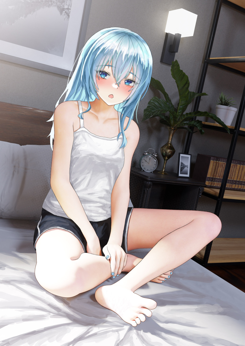 1girl absurdres alternate_costume andy2465 bangs barefoot between_legs black_shorts blue_eyes blue_hair blue_nails blush bookshelf breasts clock collarbone commentary_request crossed_bangs dutch_angle feet hand_between_legs hand_on_own_leg highres hololive hoshimachi_suisei indoors legs long_hair looking_at_viewer mixed-language_commentary nail_polish on_bed open_mouth photo_background plant potted_plant shadow shelf shiny shiny_hair shirt short_shorts shorts sidelocks sitting sleeveless sleeveless_shirt small_breasts soles solo tank_top thighs toenail_polish toenails toes virtual_youtuber white_shirt