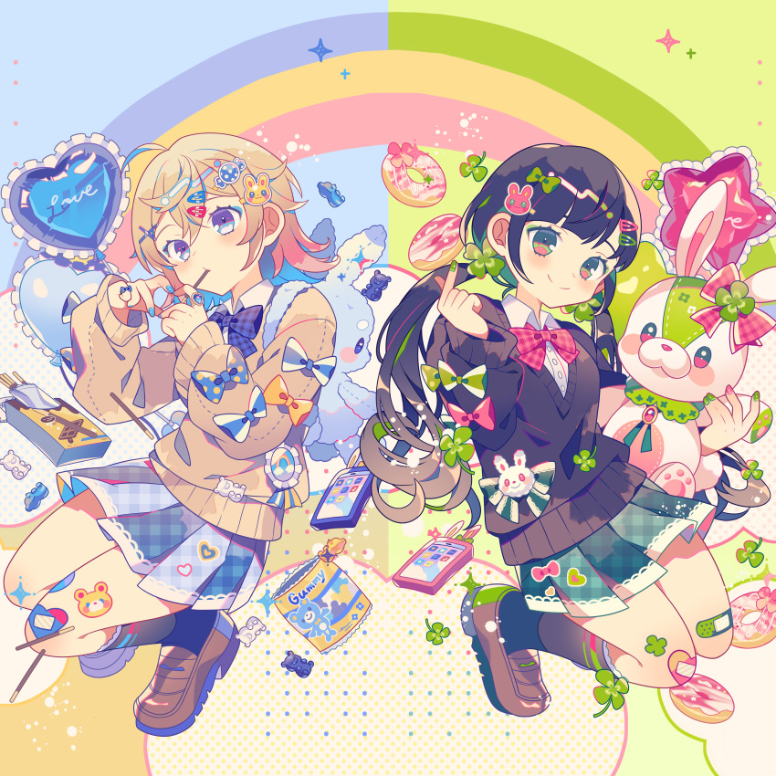 2girls absurdres ahoge animal artist_request balloon bandaid bandaid_on_leg black_hair blonde_hair blue_background blue_heart blue_ribbon blue_skirt chocolate closed_mouth clover doll doughnut eating food four-leaf_clover gradient_hair green_background green_nails green_ribbon green_skirt gummy_bear hair_between_eyes hair_ornament hair_ribbon hakoniwalily hanon_(hakoniwalily) heart_balloon highres holding holding_food holding_pocky kotoha_(hakoniwalily) long_hair multicolored_hair multiple_girls open_mouth phone pocky pocky_in_mouth rabbit ribbon short_hair skirt smile snack star_(symbol) star_balloon stuffed_animal stuffed_toy sweater teddy_bear violet_eyes yellow_sweater