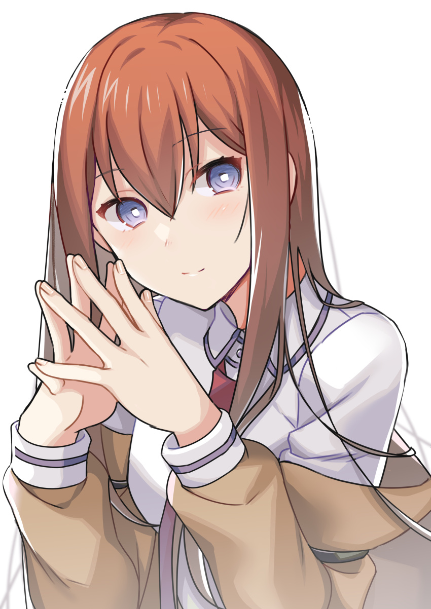 1girl absurdres bangs blush brown_hair brown_jacket closed_mouth collared_shirt commentary_request fingernails grey_eyes hair_between_eyes highres jacket long_hair long_sleeves makise_kurisu namari necktie off-shoulder_jacket off_shoulder own_hands_together red_necktie shirt simple_background smile solo steins;gate upper_body white_background white_shirt