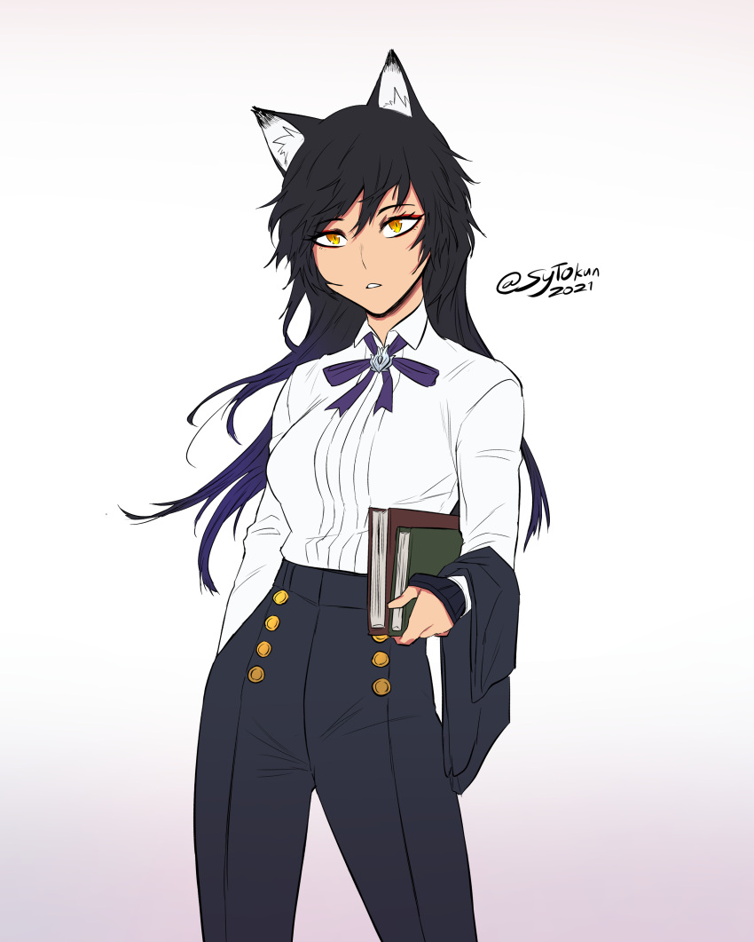 1girl absurdres alternate_costume animal_ears black_hair black_pants blake_belladonna book bow bowtie buttons cat_ears cat_girl dress_shirt hand_in_pocket highres holding holding_book holding_clothes holding_jacket jacket light_frown open_mouth pants purple_bow purple_bowtie rwby shirt signature simple_background solo sytokun uniform white_background white_shirt yellow_eyes