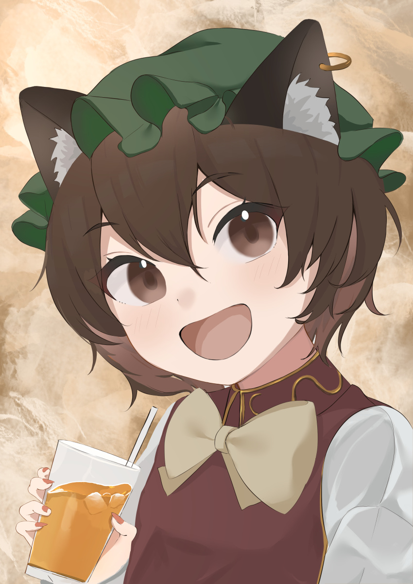 1girl :d absurdres animal_ear_fluff animal_ears bow bowtie brown_hair cat_ears chen cup drink drinking_straw earrings green_headwear happy hat highres holding holding_cup jewelry juice mob_cap mug nail_polish open_mouth palulap red_nails smile solo touhou upper_body