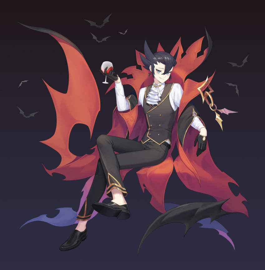 1boy alternate_costume bangs black_gloves black_hair blue_eyes buttons closed_mouth commentary_request crossed_legs cup drinking_glass full_body gloves grimsley_(pokemon) hair_between_eyes hand_up highres holding holding_cup long_sleeves male_focus mongguri pants pointy_hair pokemon pokemon_(game) pokemon_bw shirt shoes sitting smile solo vest white_jabot white_shirt wine_glass