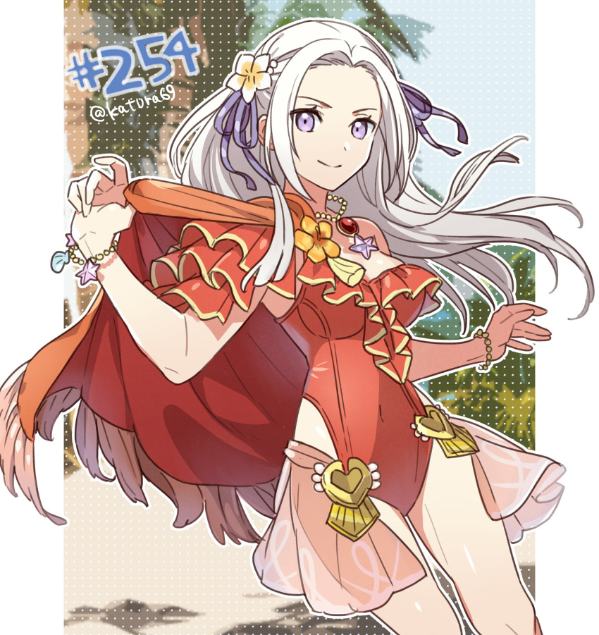 1girl bangs blush breasts cape closed_mouth edelgard_von_hresvelg fire_emblem fire_emblem:_three_houses fire_emblem_heroes hair_ornament hair_ribbon highres juria0801 long_hair looking_at_viewer official_alternate_costume official_art one-piece_swimsuit red_one-piece_swimsuit ribbon smile solo swimsuit violet_eyes white_hair