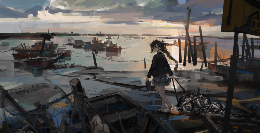 1girl barefoot blue_eyes boat braid dock fish fishing_net hair_ornament highres long_hair looking_at_viewer ocean original outdoors pleated_skirt scenery school_uniform shoes shoes_removed skirt solo watercraft xilmo