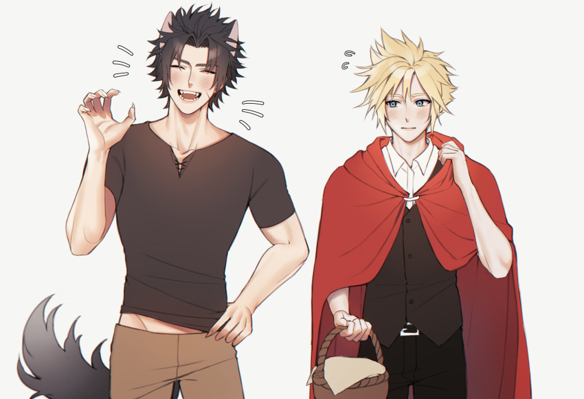 2boys absurdres animal_ears bangs basket belt_buckle black_hair black_pants black_shirt black_vest blonde_hair blue_eyes blush brown_pants buckle claws cloak closed_eyes cloud_strife collared_shirt cosplay cowboy_shot fangs final_fantasy final_fantasy_vii final_fantasy_vii_remake fingernails hair_between_eyes halloween hand_on_hip highres holding holding_basket little_red_riding_hood_(grimm) little_red_riding_hood_(grimm)_(cosplay) looking_at_another male_focus montaro multiple_boys open_mouth pants parted_bangs red_cloak scar scar_on_cheek scar_on_face sharp_fingernails shirt short_hair short_sleeves smile spiky_hair t-shirt tail teeth vest waistcoat white_background white_shirt wolf_boy wolf_ears wolf_tail zack_fair