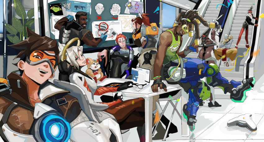 6+boys 6+girls absurdres ana_(overwatch) bamashengze baptiste_(overwatch) beard black_gloves black_jacket blonde_hair bodysuit bomber_jacket brigitte_(overwatch) brown_eyes brown_hair bulletin_board chest_harness commentary computer cup dark-skinned_female dark-skinned_male dark_skin dreadlocks earrings english_commentary escalator eye_of_horus facial_hair facial_tattoo fingerless_gloves fox_mask genji_(overwatch) gloves goggles grin hair_pulled_back half_mask hammond_(overwatch) hamster harness high_ponytail highres holding holding_cup indoors jacket jewelry kiriko_(overwatch) laptop long_hair looking_at_viewer looking_back looking_to_the_side lucio_(overwatch) mask mature_male mechanical_halo mercy_(overwatch) moira_(overwatch) multiple_boys multiple_girls muscular muscular_male old old_woman omnic one_eye_closed orange_goggles orange_hair overwatch overwatch_2 plant ponytail potted_plant short_hair shoulder_tattoo sidelocks sitting smile spiky_hair tattoo tracer_(overwatch) zenyatta_(overwatch)
