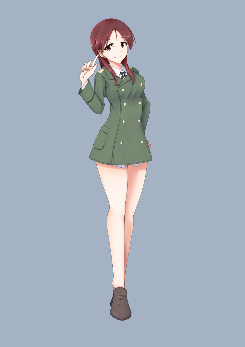 1girl absurdres bangs blue_background boots breasts brown_footwear buttons collared_shirt double-breasted green_jacket hair_between_eyes hand_on_hip highres isosceles_triangle_(xyzxyzxyz) jacket large_breasts legs long_hair looking_at_viewer minna-dietlinde_wilcke pointing pointing_up red_eyes redhead shirt sidelocks smile solo strike_witches swept_bangs thighs white_shirt world_witches_series