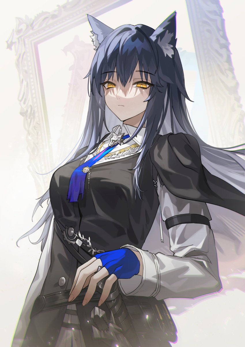 1girl absurdres animal_ears arknights bangs belt belt_pouch black_cape black_hair black_vest blue_gloves blue_necktie breasts bright_pupils cape closed_mouth collared_shirt fingerless_gloves gloves highres krin large_breasts long_hair long_sleeves looking_at_viewer necktie picture_frame pouch sheath sheathed shirt sidelocks solo sword texas_(arknights) texas_the_omertosa_(arknights) upper_body very_long_hair vest weapon white_shirt wolf_ears yellow_eyes