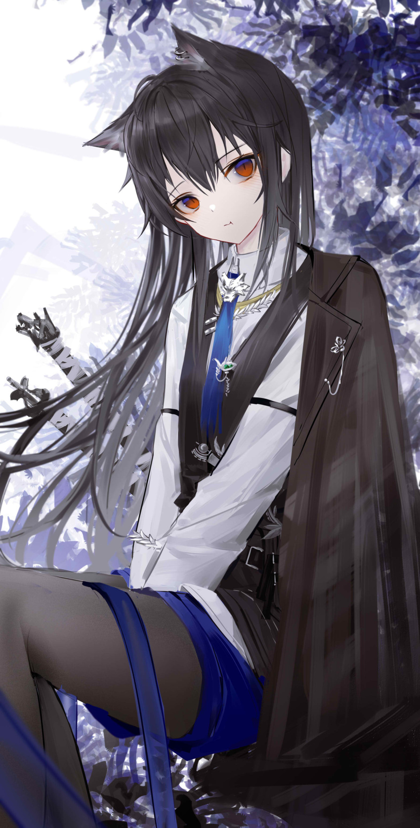 0_(znanimo) 1girl :t absurdres animal_ear_fluff animal_ears arknights black_coat black_hair black_pantyhose black_vest blue_necktie blue_shorts closed_mouth coat coat_on_shoulders collared_shirt feet_out_of_frame highres long_hair looking_at_viewer necktie outdoors pantyhose pantyhose_under_shorts pout red_eyes shirt shorts sitting solo texas_(arknights) texas_the_omertosa_(arknights) vest white_shirt wolf_ears