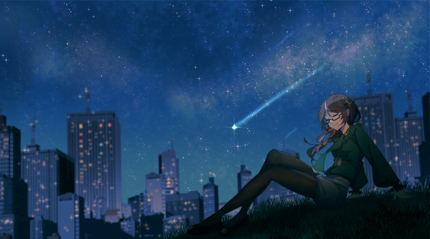 1girl black_footwear black_pantyhose blue_shorts building city cityscape closed_eyes closed_mouth commentary_request full_body glasses grass haku_(muc12b) highres night night_sky original outdoors pantyhose scenery shorts sitting sky skyscraper smile solo star_(sky) starry_sky