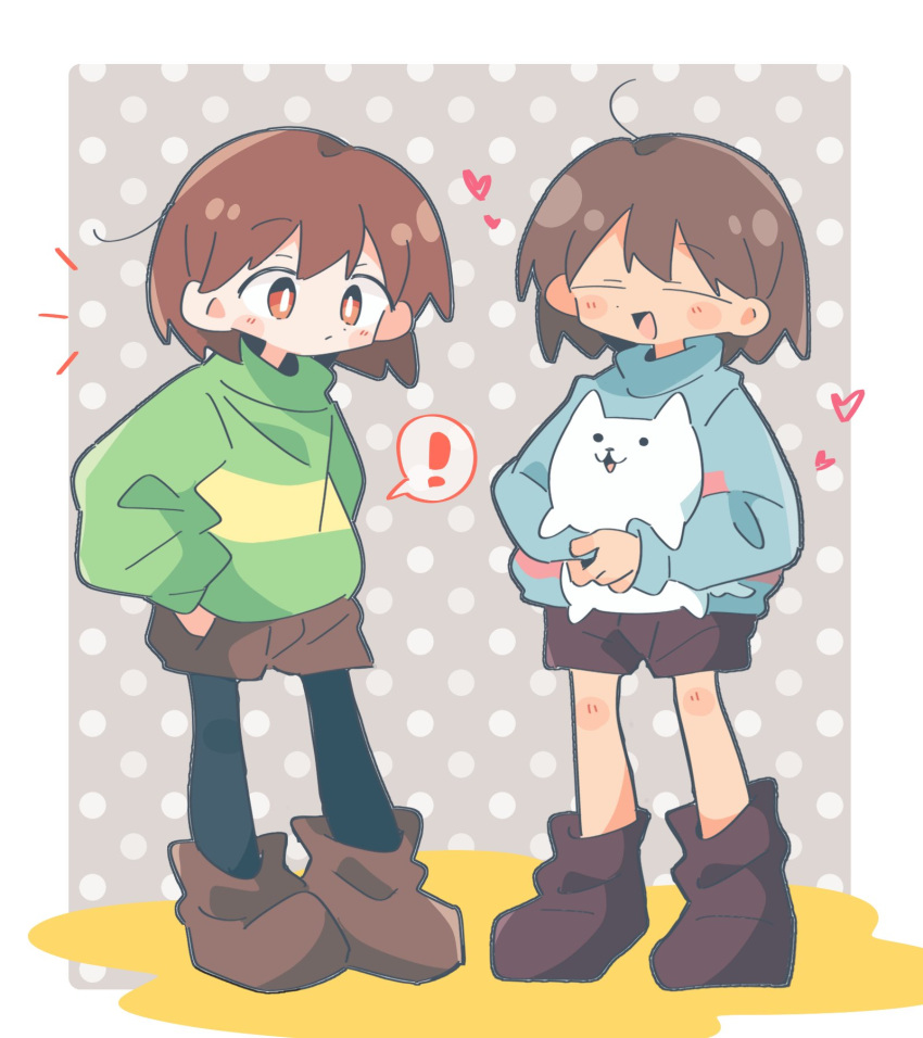 animal_ears annoying_dog asechiruk black_socks blue_shirt boots brown_footwear brown_hair brown_shorts chara_(undertale) closed_eyes dog dog_ears dog_tail frisk_(undertale) golden_flower_(undertale) green_shirt heart highres hug open_mouth red_pupils shirt shorts simple_background socks striped striped_shirt tail undertale