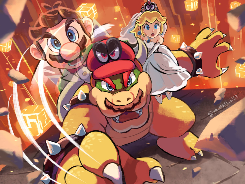 1girl armlet bare_shoulders blonde_hair blue_eyes bowser bridal_veil cappy_(mario) crown dress earrings elbow_gloves facial_hair gloves highres horns jewelry long_hair mario multiple_boys mustache official_alternate_costume official_style open_mouth ponytail possessed princess_peach spiked_armlet spiked_shell spikes super_mario_bros. super_mario_odyssey tiara_(mario) veil wedding_dress white_dress white_gloves ya_mari_6363