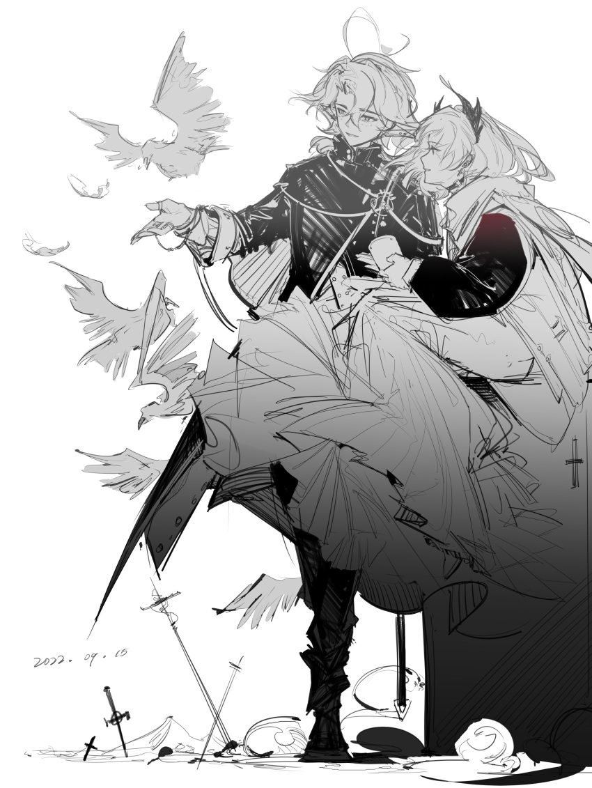 1boy 1girl absurdres animal arknights bird boots dongsheng dress greyscale highres irene_(arknights) jacket long_sleeves looking_away looking_to_the_side lumen_(arknights) monochrome mountain pants parted_lips planted pointy_ears simple_background sketch smile walking white_background