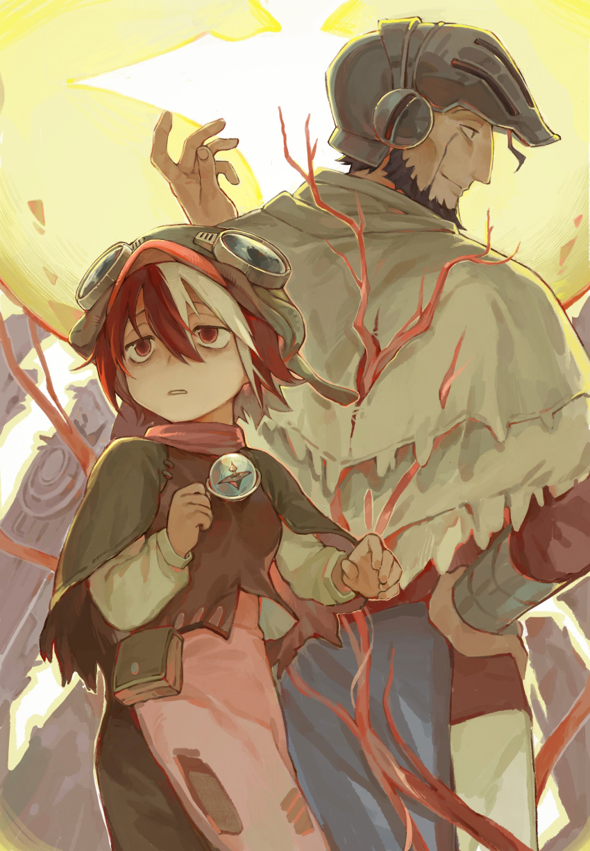 1boy 1girl absurdres back-to-back bangs beard brown_dress brown_eyes capelet cowboy_shot dress facial_hair facial_mark from_side green_capelet green_headwear hair_between_eyes hand_on_hip hand_up height_difference helmet highres long_sleeves looking_afar looking_ahead made_in_abyss multicolored_hair parted_lips pouch profile red_eyes redhead sansanpai short_hair smile standing two-tone_hair veko wazukyan_(human) white_hair