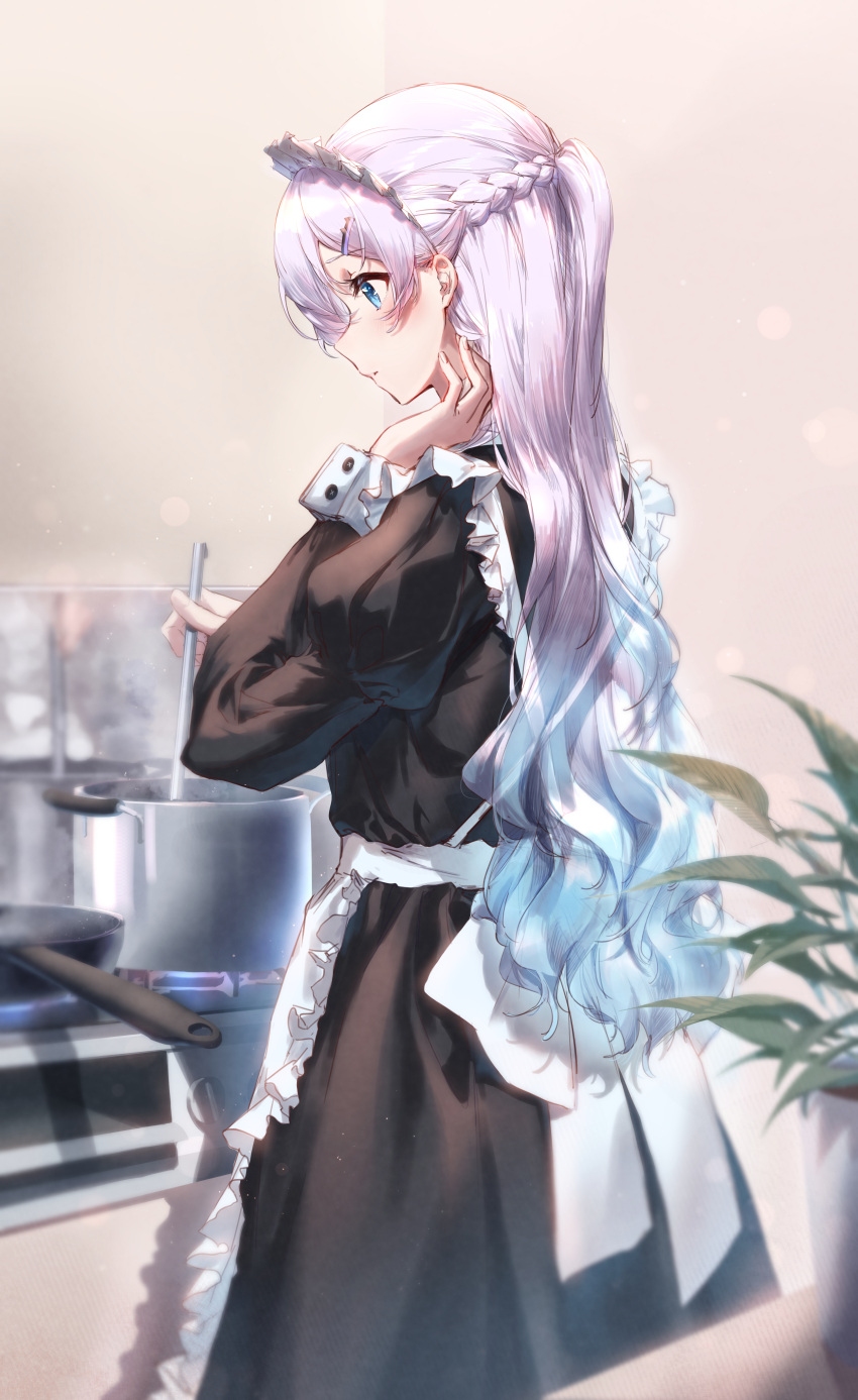 1girl absurdres apron black_dress blue_eyes blue_hair blush braid closed_mouth cooking cooking_pot cowboy_shot dentaku_music dress frilled_apron frills from_side frying_pan gradient_hair hair_ornament hairclip highres indoors juliet_sleeves long_sleeves maid maid_headdress multicolored_hair original pink_hair plant potted_plant profile puffy_sleeves ribbon smile solo steam white_apron white_ribbon