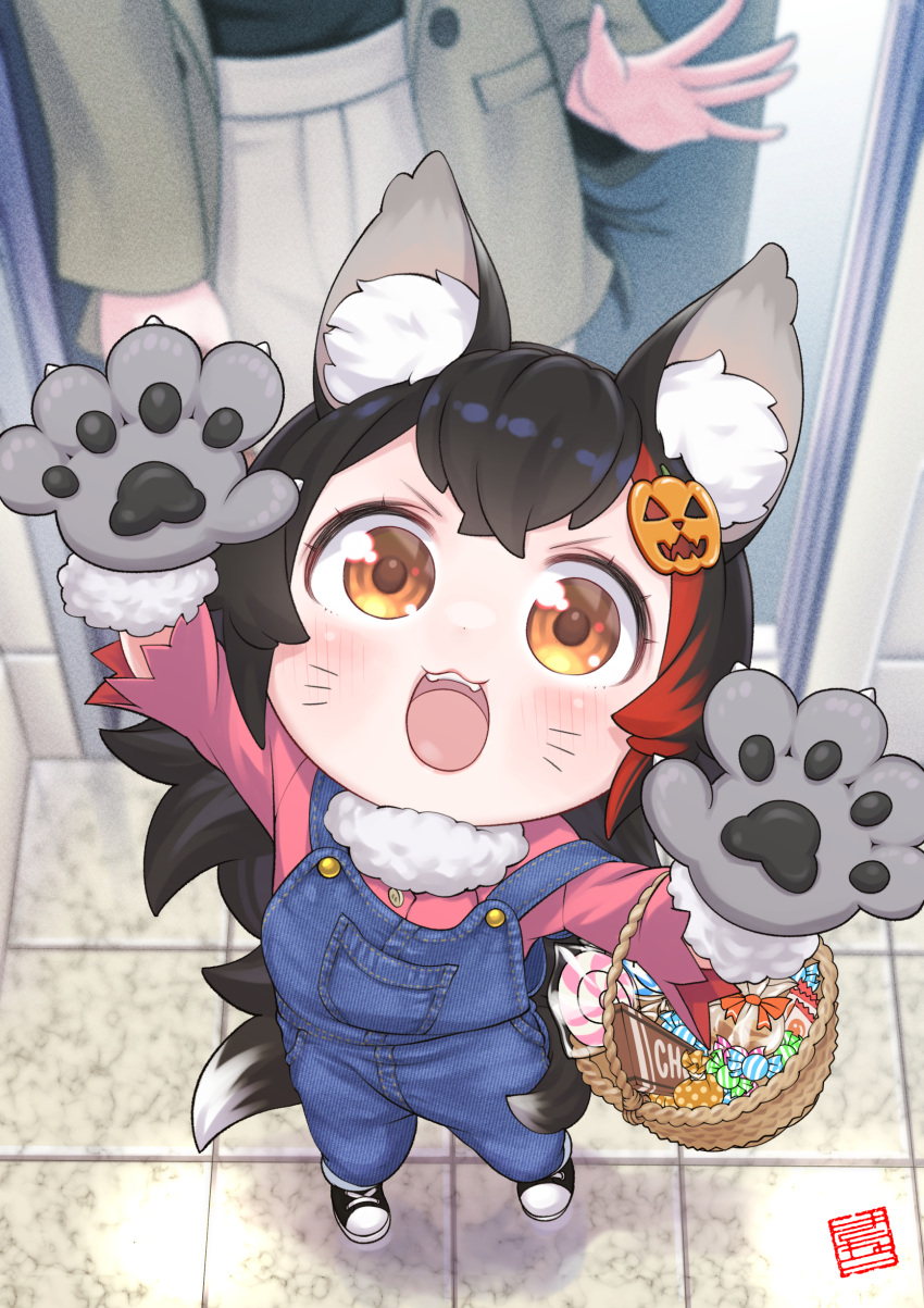 1girl :3 :d absurdres aged_down alternate_costume animal_ear_fluff animal_ears animal_hands black_hair blush commentary_request fake_whiskers fangs flipped_hair from_above gloves hair_ornament halloween halloween_bucket highres hololive jack-o'-lantern jack-o'-lantern_hair_ornament kineko9218 long_hair looking_at_viewer multicolored_hair ookami_mio open_mouth overalls paw_gloves red_skirt redhead skirt smile solo_focus spiky_hair streaked_hair v-shaped_eyebrows very_long_hair virtual_youtuber wolf_ears wolf_girl yellow_eyes