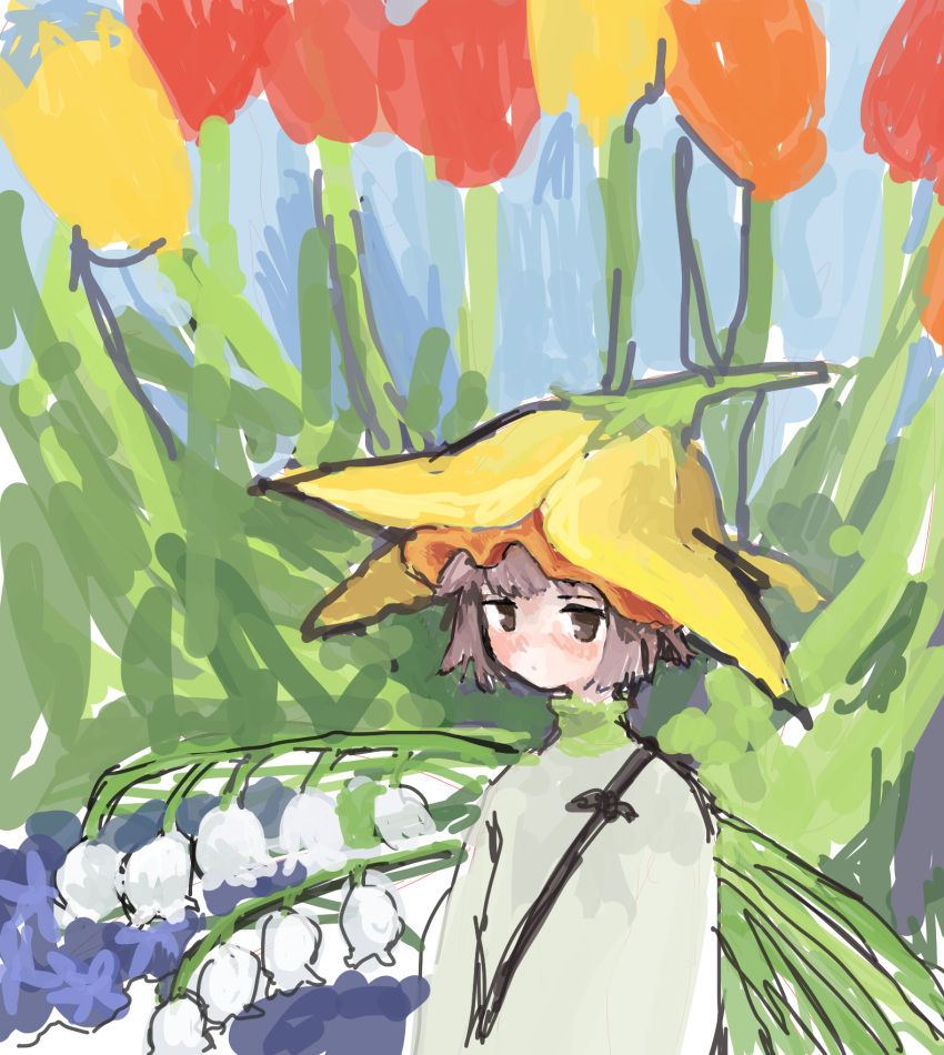 1girl 44insects bangs blunt_bangs blunt_ends blush brown_eyes brown_hair closed_mouth dot_mouth flower flower_hat hat high_collar highres light_frown lily_of_the_valley long_sleeves looking_at_viewer nature orange_flower orange_tulip original outdoors plant red_flower red_tulip scenery short_hair sketch solo tulip turtleneck upper_body white_flower yellow_flower yellow_headwear yellow_tulip