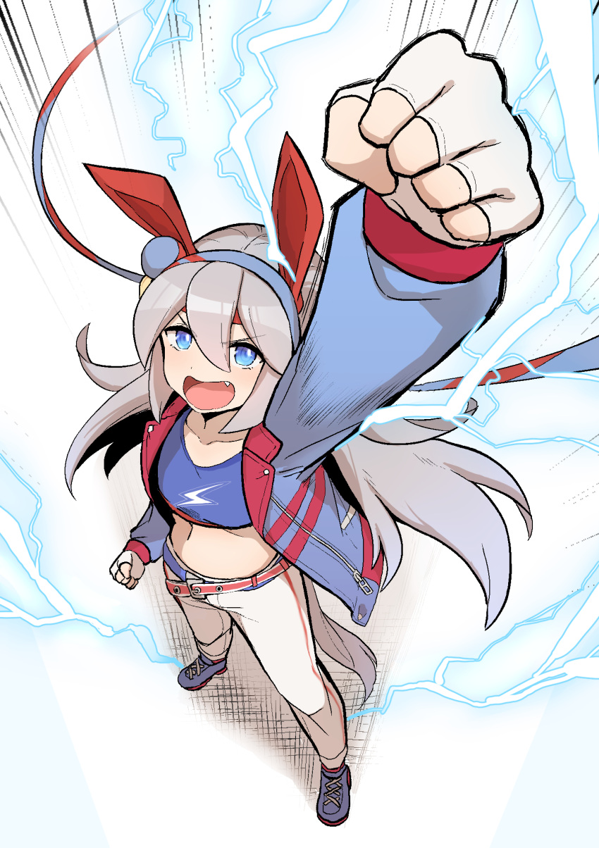 1girl :d animal_ears bangs belt blue_eyes blue_footwear blue_jacket blue_shirt d_jirooo electricity fang fingernails from_above full_body full_moon gloves grey_hair headband highres horse_ears horse_girl horse_tail jacket long_hair long_sleeves looking_at_viewer midriff moon navel open_clothes open_jacket open_mouth outstretched_arm pants shirt shoes smile sneakers solo standing tail tamamo_cross_(umamusume) umamusume v-shaped_eyebrows white_background white_gloves white_pants