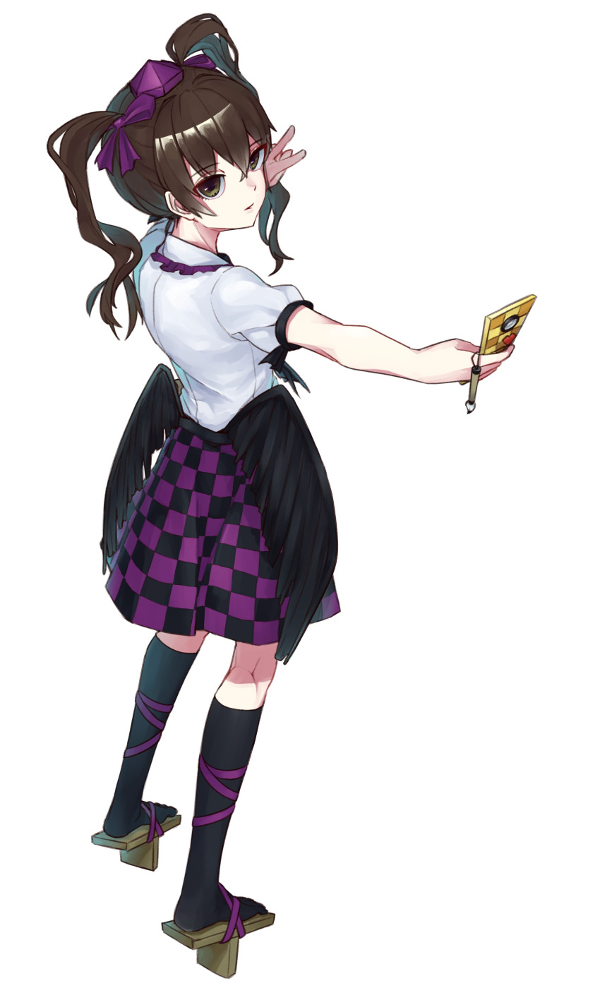 1girl absurdres bangs black_skirt black_socks black_wings brown_eyes brown_hair cellphone checkered_clothes checkered_skirt closed_mouth commentary_request flip_phone full_body geta hair_between_eyes hat highres himekaidou_hatate holding holding_phone kneehighs long_hair low_wings mo_mo_kaze phone pink_headwear pink_skirt selfie shirt short_sleeves simple_background skirt socks solo tengu-geta tokin_hat touhou twintails two-tone_skirt v white_background white_shirt wings